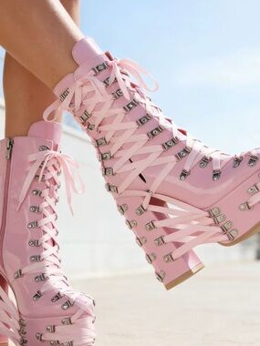 Tall Pink Lace-Up Platform Block Heel Boots with Ribbon Laces